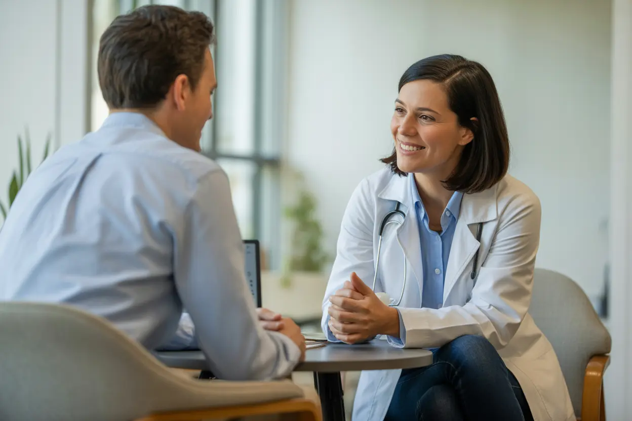 A compassionate female healthcare provider listens intently to a male patient in a bright, modern clinic office, symbolizing supportive guidance in a smoking cessation program.
