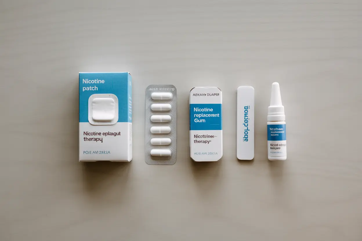 A flat lay photograph of various nicotine replacement therapy products, including a patch, gum, lozenges, and a nasal spray, arranged on a light-colored wooden surface.