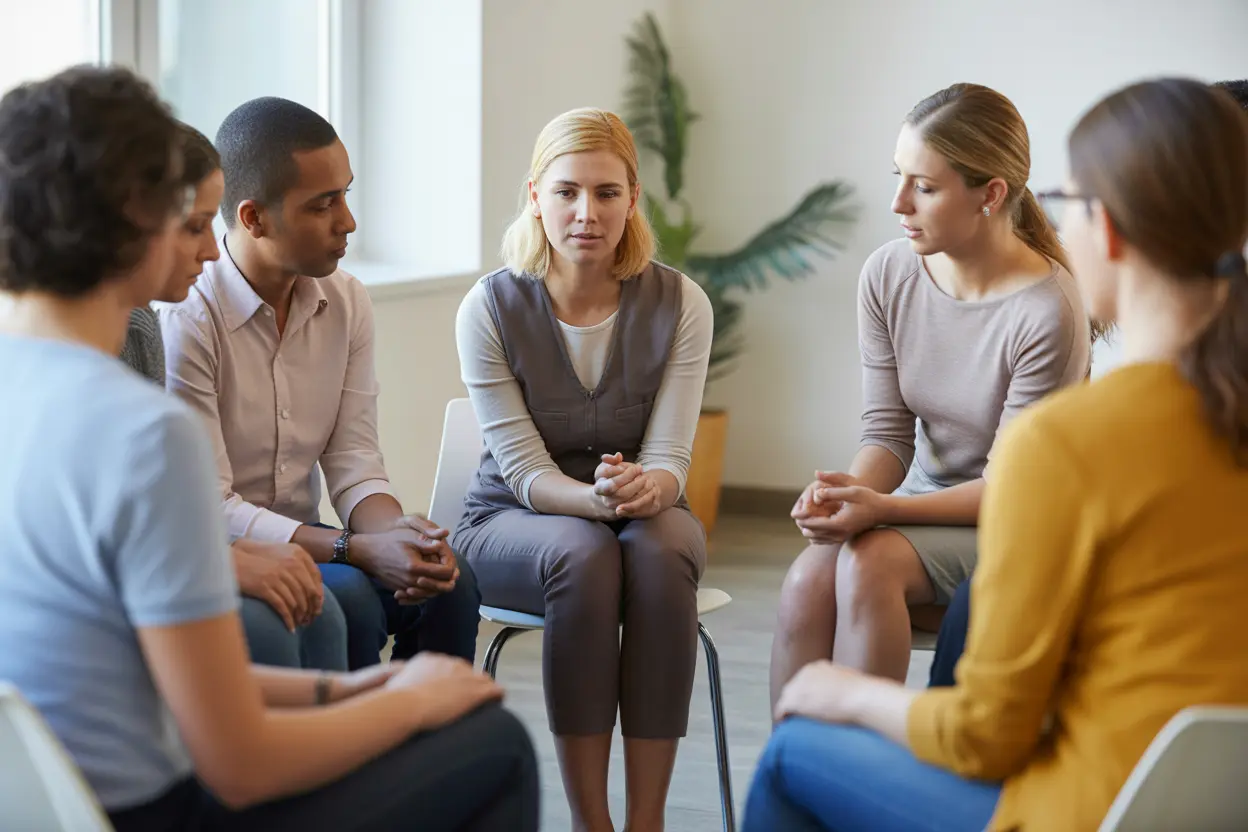 A diverse group of adults in a supportive group therapy session for nicotine cessation.