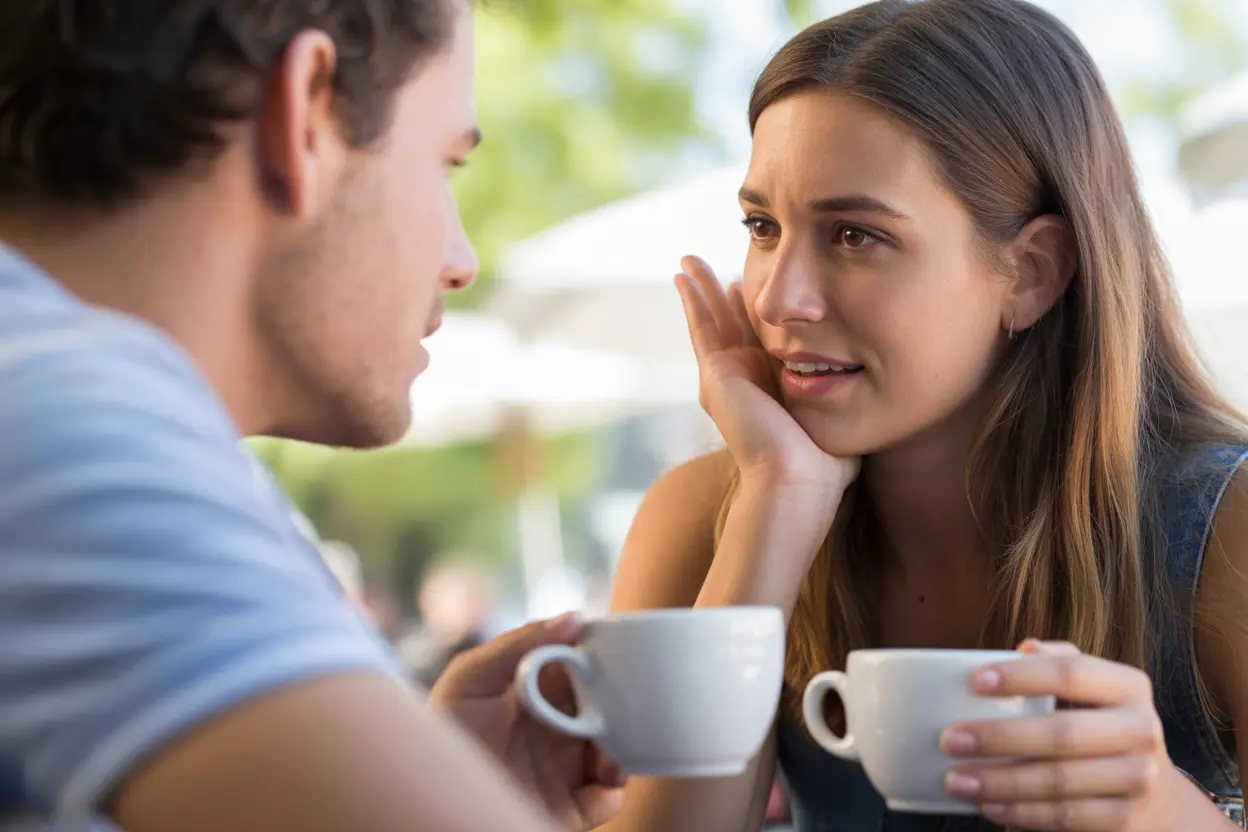 Two friends offer support to one another while having coffee at an outdoor cafe.