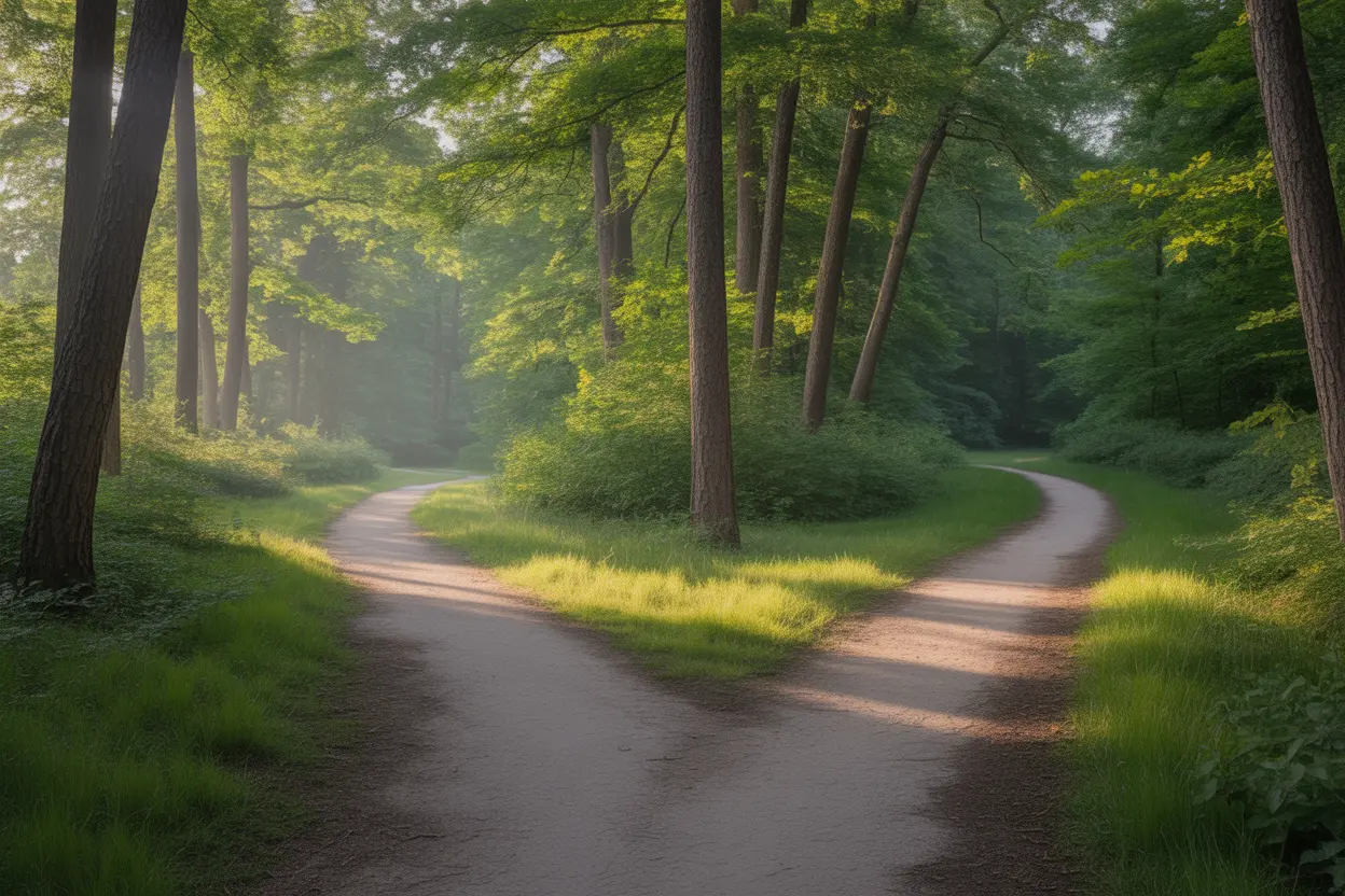 A fork in a sunlit path through a serene Indiana forest, symbolizing the choice between different recovery journeys.