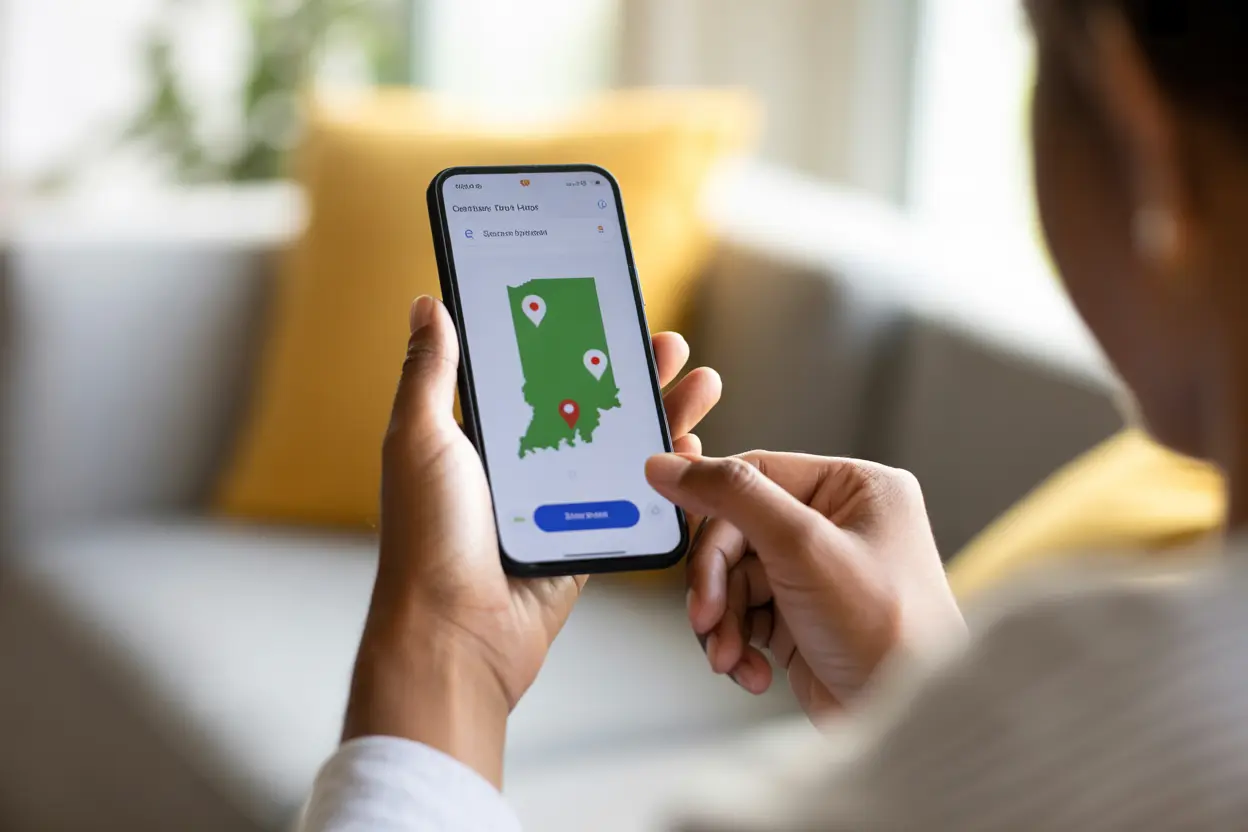 A person's hands holding a smartphone displaying a map of Indiana with location pins, representing the search for local rehab centers.
