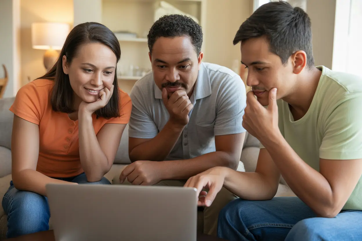 A family researches nursing care rehab facilities together on a laptop in their living room.