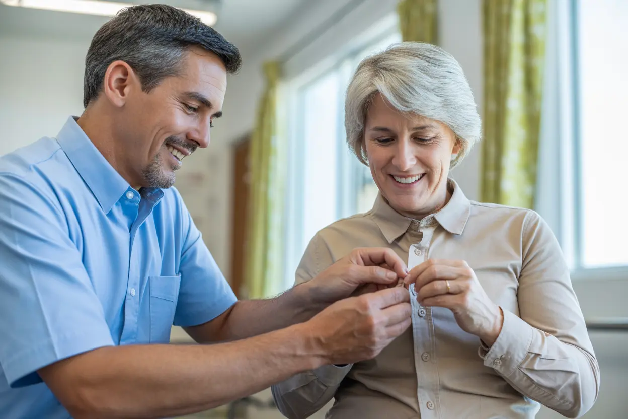 An occupational therapist helps an older woman with fine motor skills in a bright, clean therapy room.