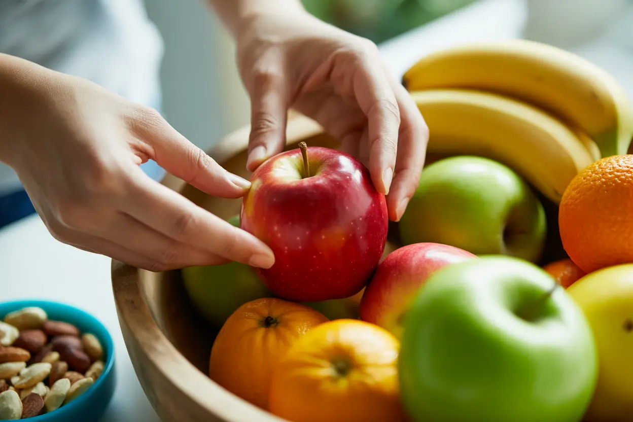 A person's hands choosing a healthy red apple from a bowl of fresh fruit, symbolizing a positive choice in recovery.