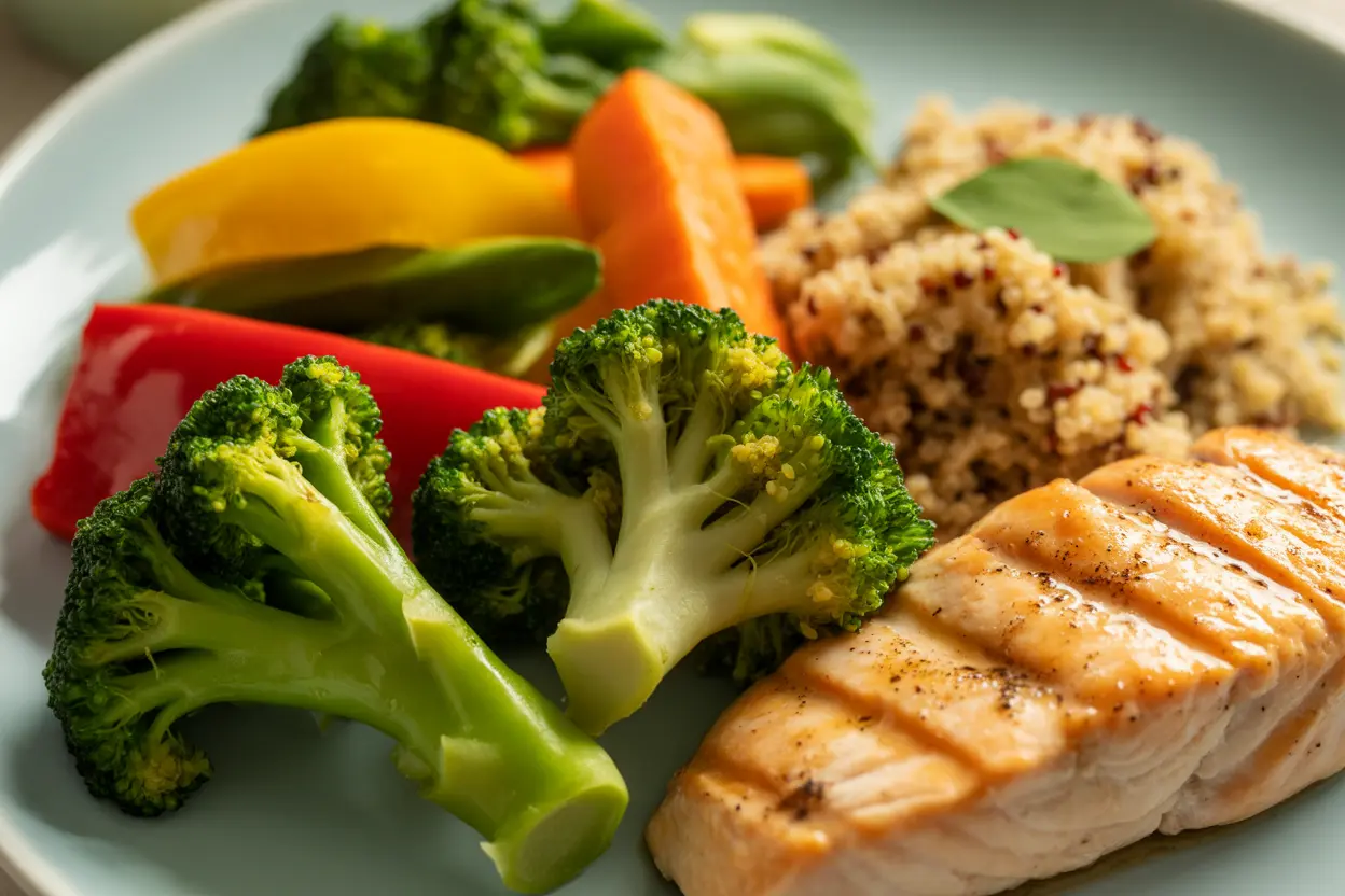 A healthy and colorful meal with grilled chicken, quinoa, and fresh vegetables, representing nourishment in recovery.