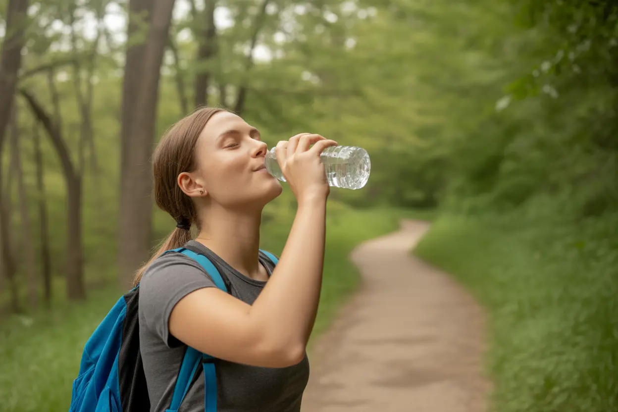 A person hiking on a sunny trail in Indiana, looking healthy and revitalized from recovery and self-care.