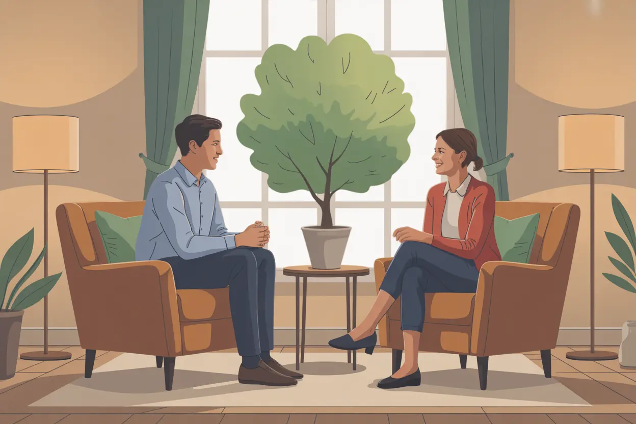 A therapist and client having a productive conversation in a comfortable, professional office in Indiana, illustrating the hope of OCPD treatment.