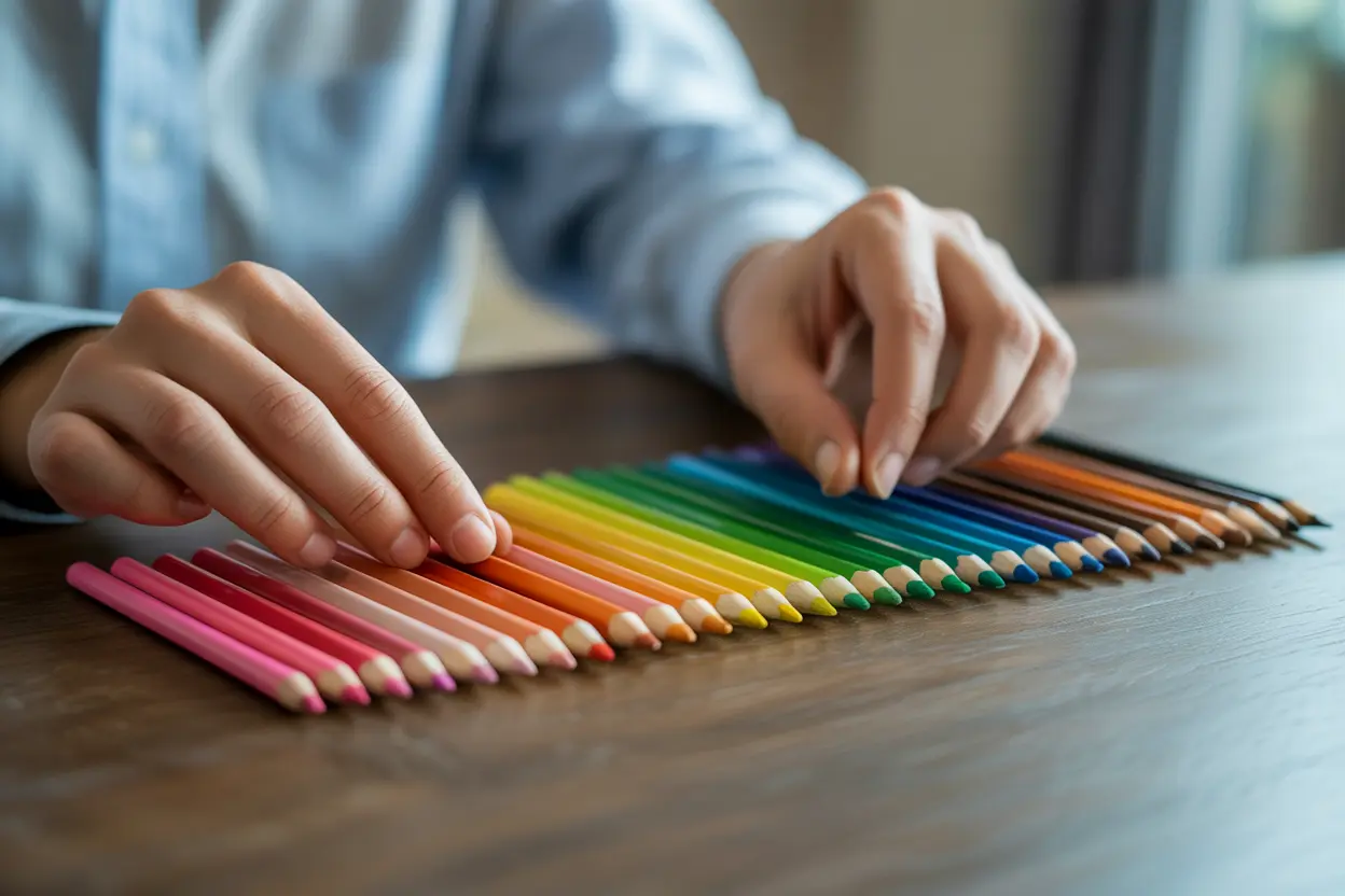 A person's hands carefully arranging colored pencils in perfect order on a table, representing the precision associated with OCPD.