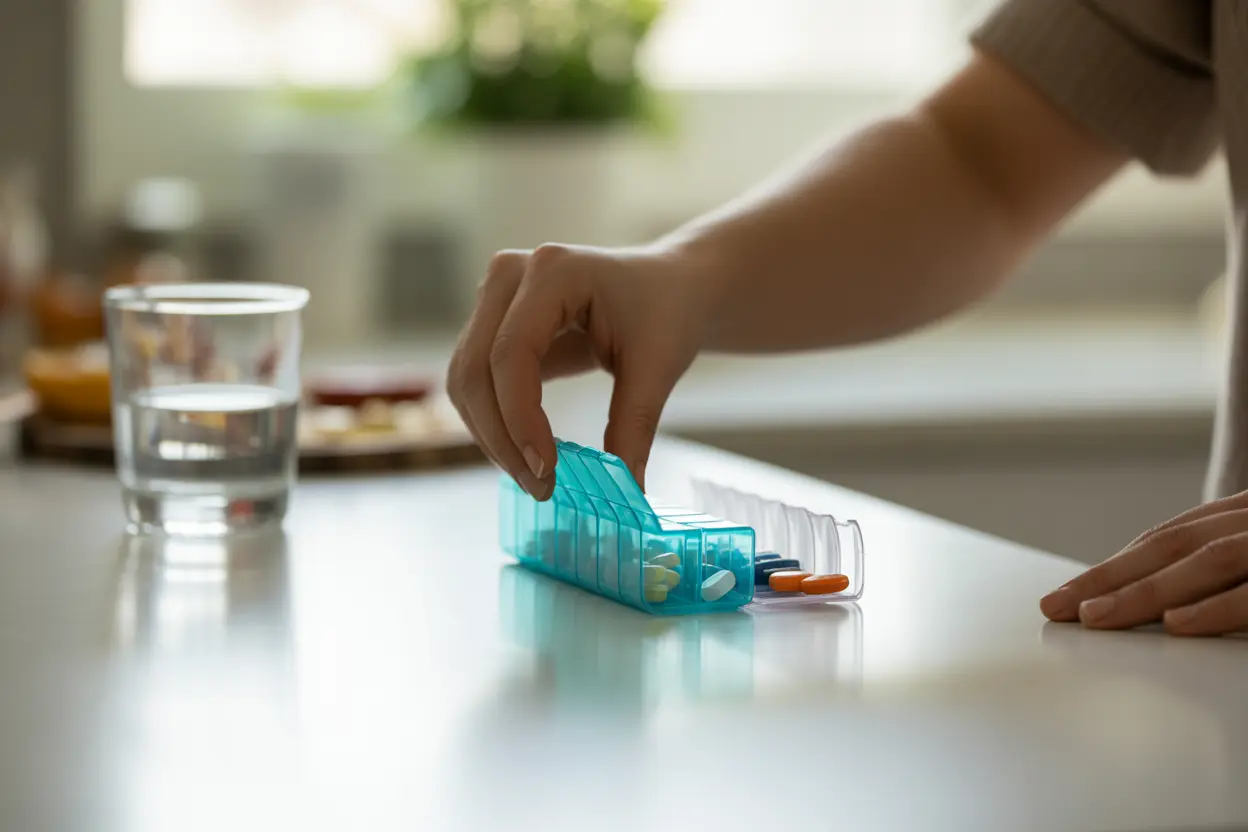A person's hand opening a weekly pill organizer on a kitchen counter, symbolizing responsible medication management for self-care.