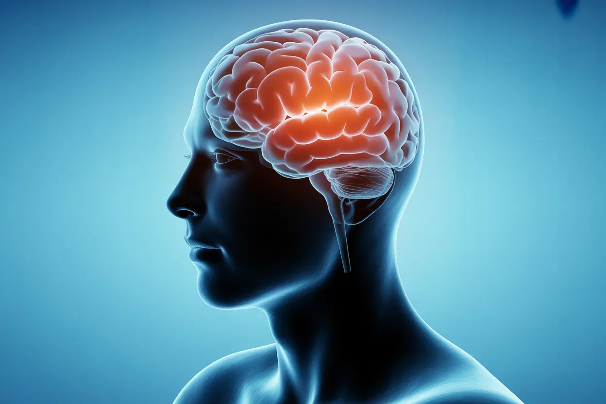 A silhouette of a human head with a glowing network of neural pathways, representing brain health and complexity.