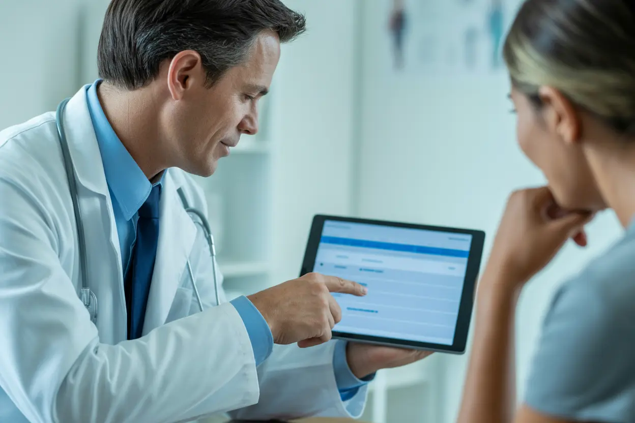 A doctor compassionately explaining a treatment plan on a tablet to a patient in a clean, modern office.