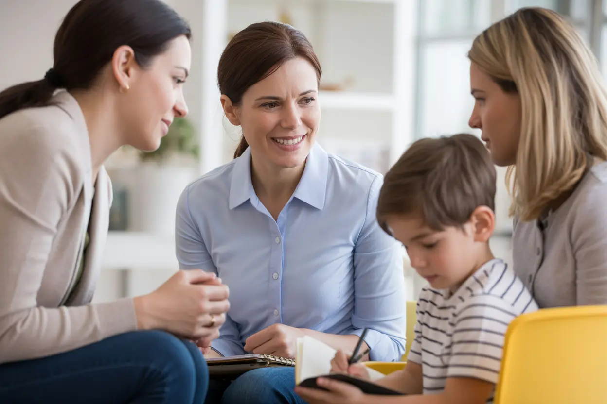 A family speaking with a compassionate therapist in a bright, welcoming office setting.