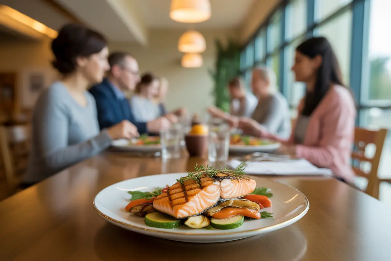 A supportive group of people sharing a healthy, chef-prepared meal in a rehab dining hall.