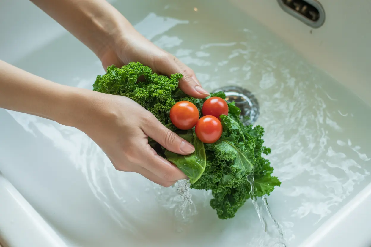 Fresh organic vegetables being carefully washed in a clean sink, representing purity and health.