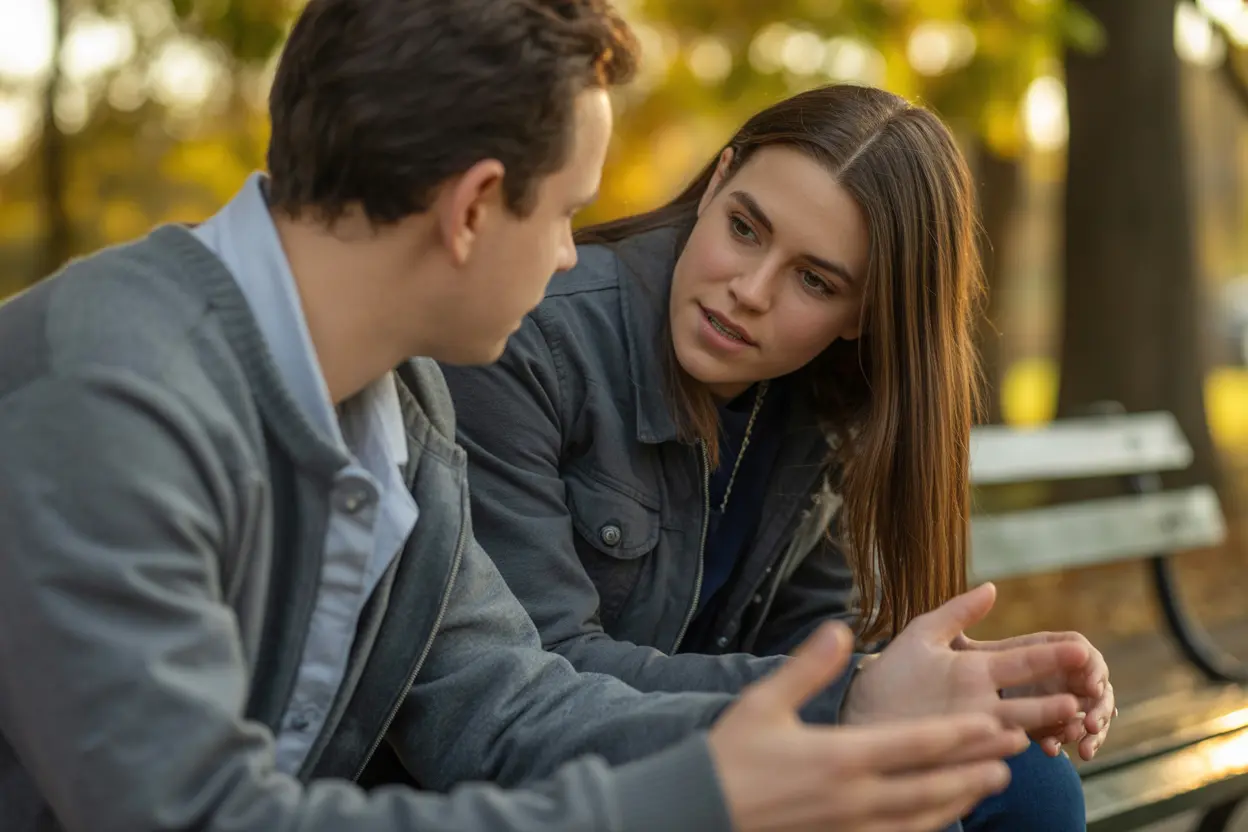 Two friends talking on a park bench, showing trust and connection.