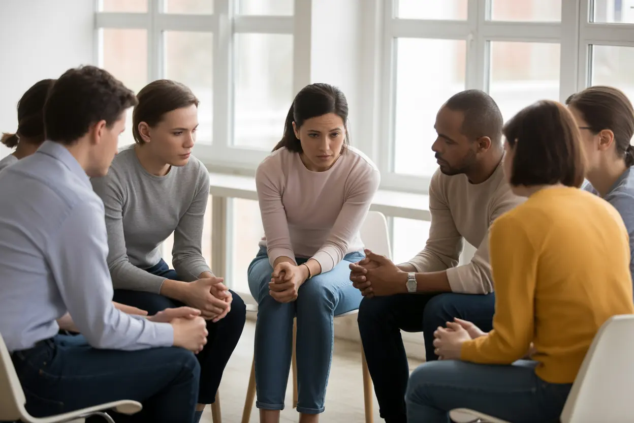 A supportive group of people sitting in a circle during a therapy session.