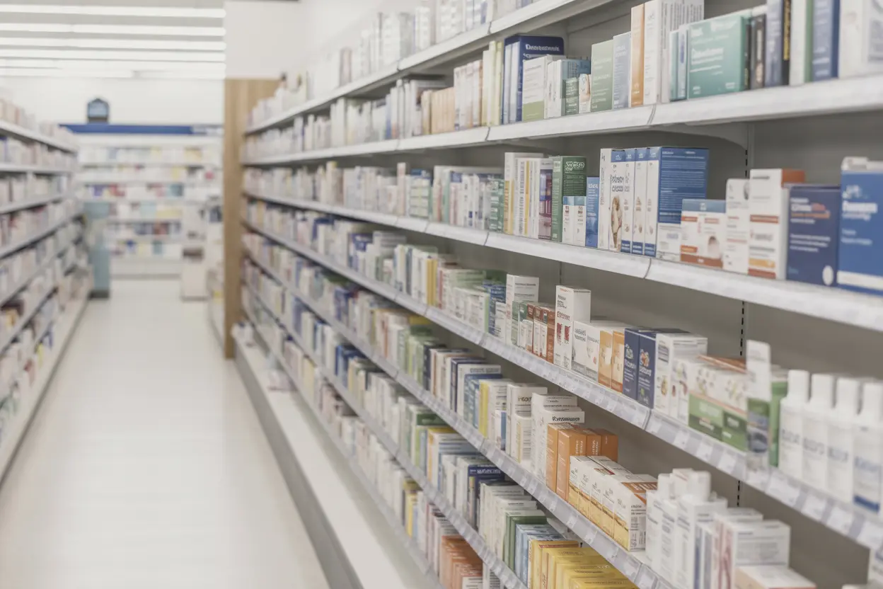 A well-lit pharmacy aisle in Indiana with shelves stocked with over-the-counter medications.