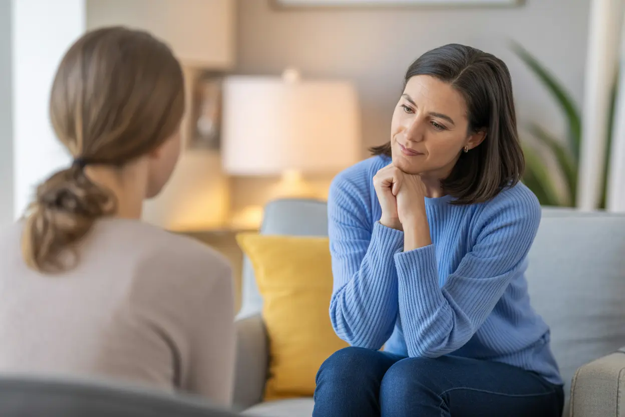 A compassionate therapist listening to a client during a therapy session in a sunlit room in Indiana.