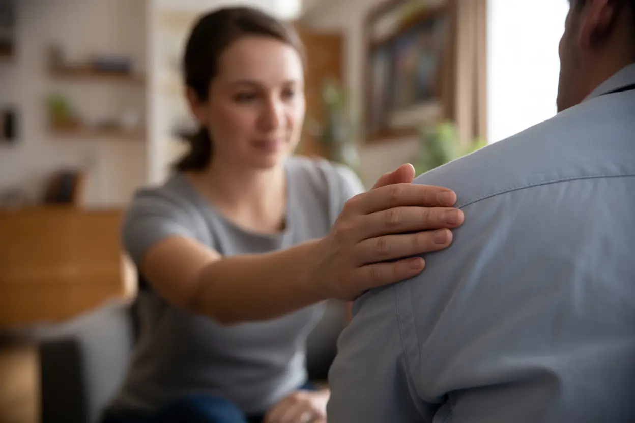 A supportive hand rests on another person's shoulder in a warm, quiet room.