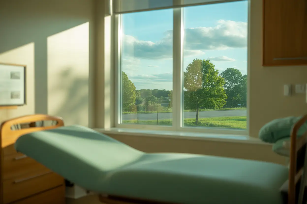 A serene, modern patient room in a treatment facility with sunlight streaming through a window.