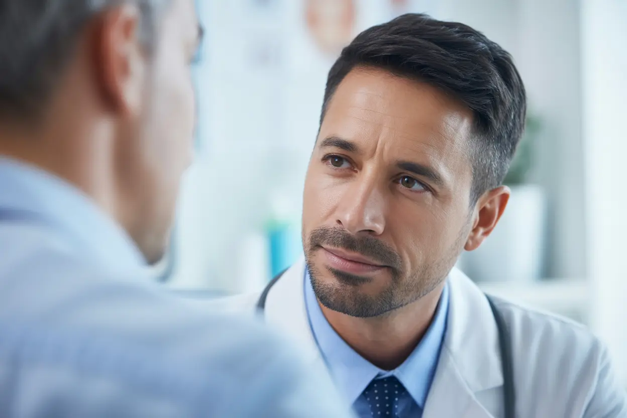 A compassionate doctor listens attentively to a patient in a bright, modern clinic office, emphasizing empathy and care.