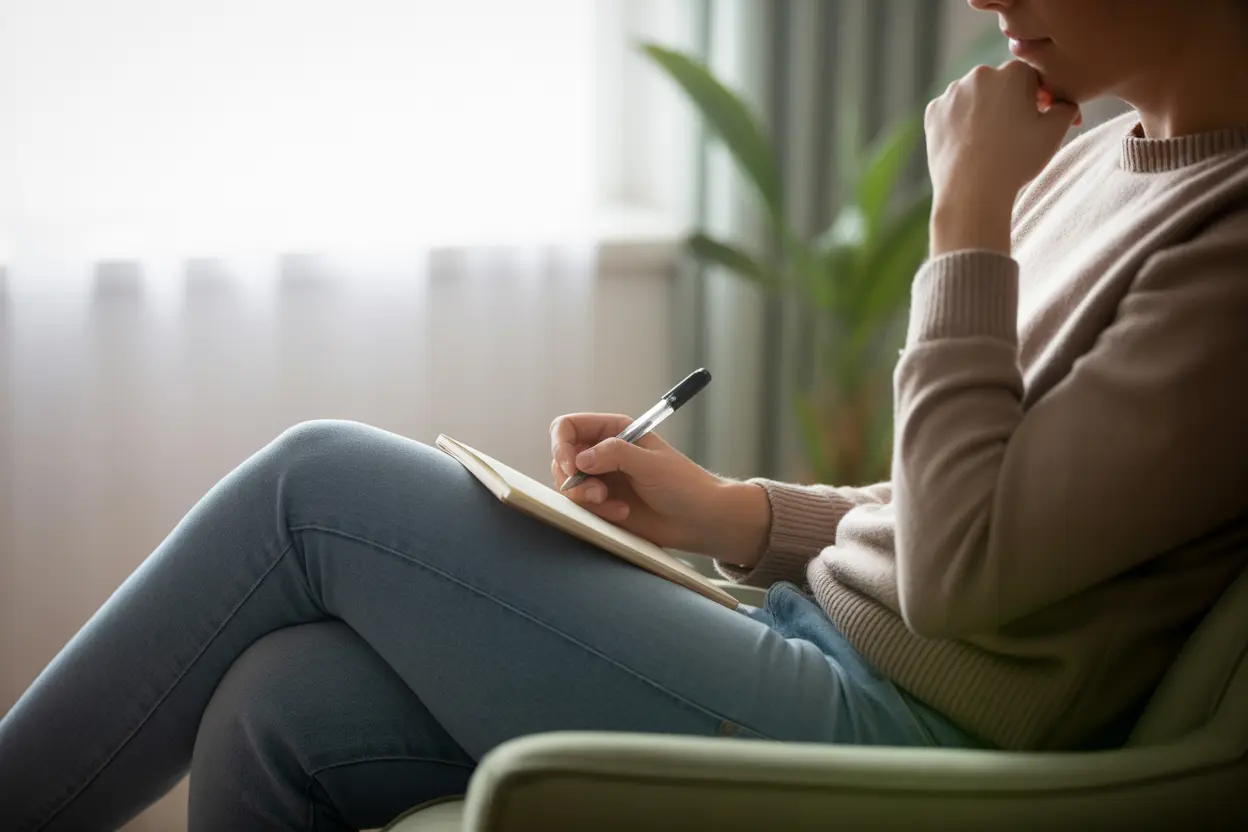 A person sits in a chair, looking out a window while holding a notebook, appearing hopeful about their health journey.