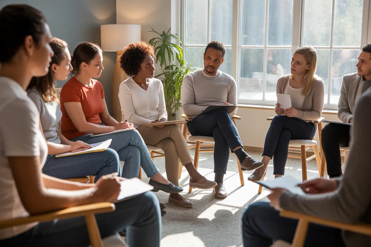 A supportive group therapy session for chronic pain management in a sunlit room.