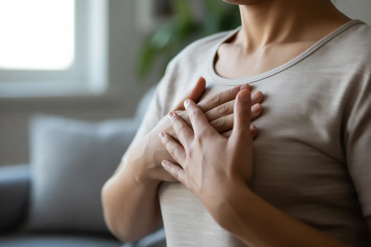 A person's hands resting gently on their chest, symbolizing a moment of self-awareness and checking in with their body's sensations.