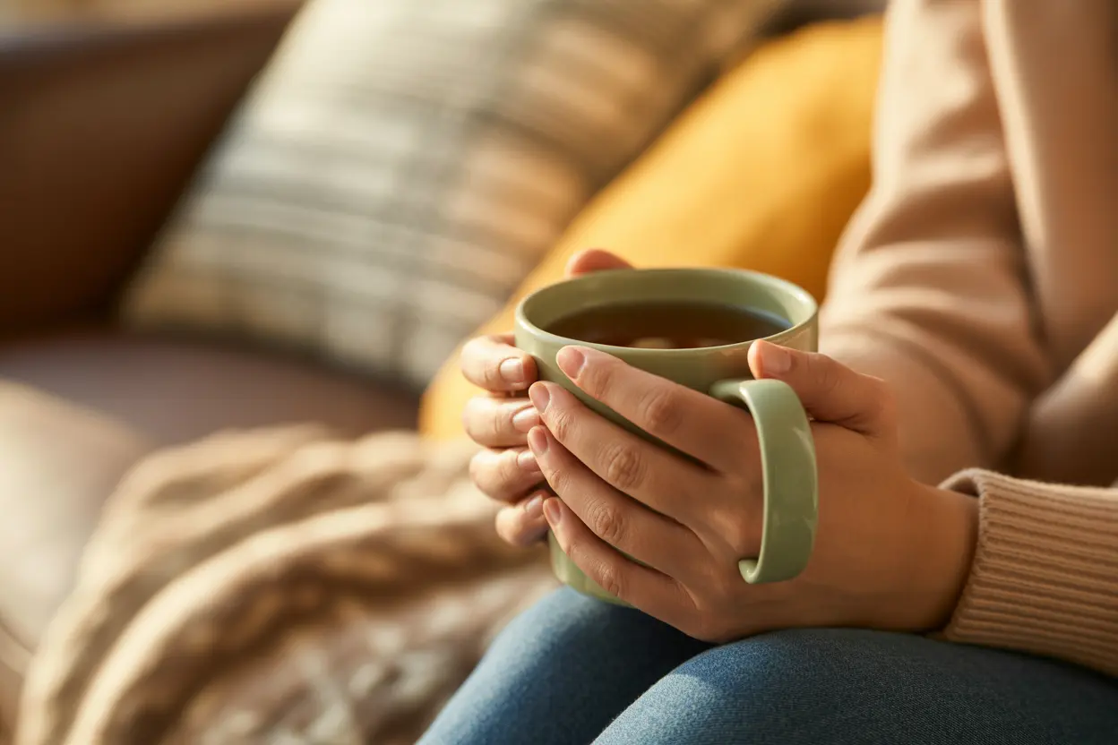 A close-up of hands holding a warm mug of tea in a cozy home setting, representing a moment of calm and self-care.