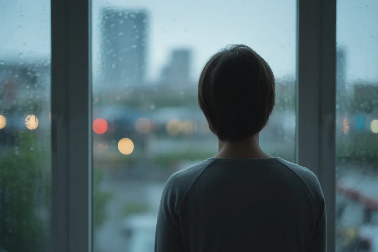 A person viewed from behind looks out a window at a rainy city, suggesting a feeling of isolation and watchfulness.