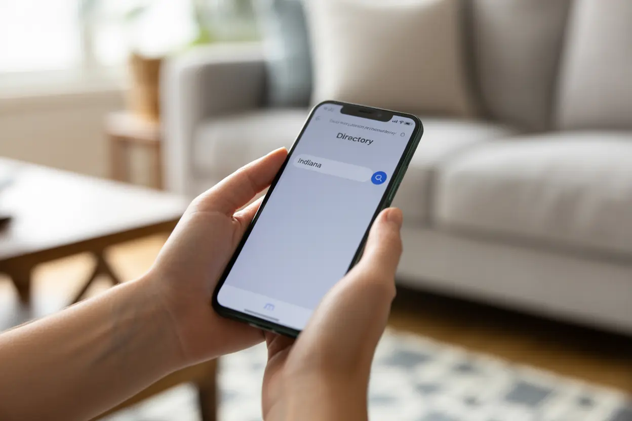A person uses a smartphone to search a directory for mental health treatment in Indiana, signifying a hopeful step.