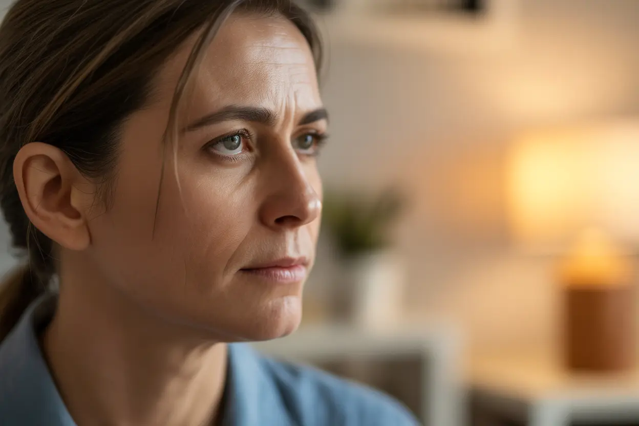 A compassionate therapist listens with a warm and inviting expression, creating a sense of safety.