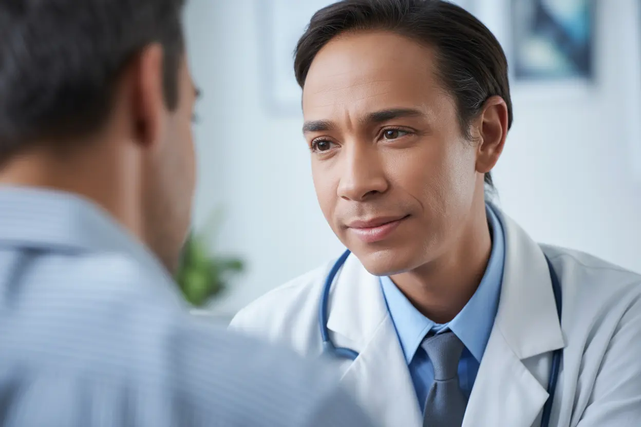 A compassionate doctor listens with care and empathy to a patient in a bright, modern medical office.