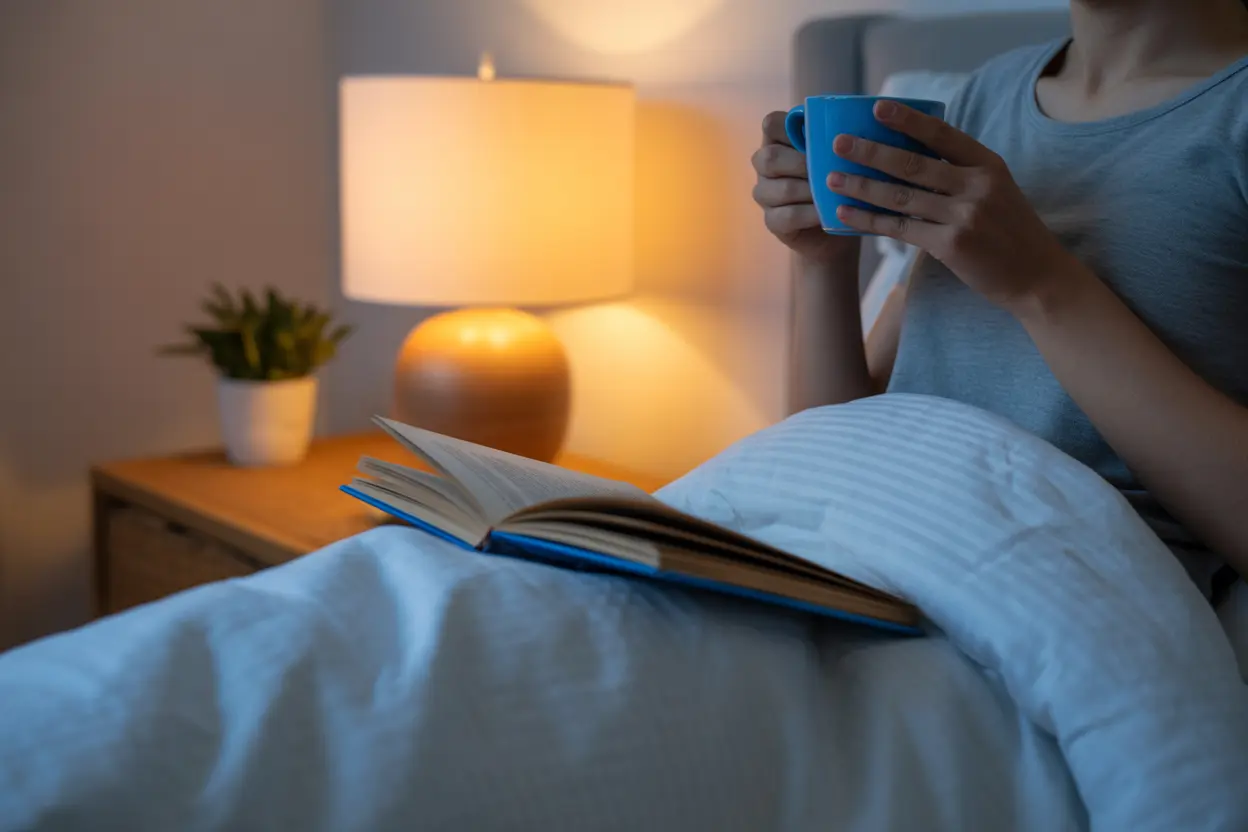 A person unwinds before bed by reading a book in a cozy room, practicing good sleep hygiene for restful sleep.