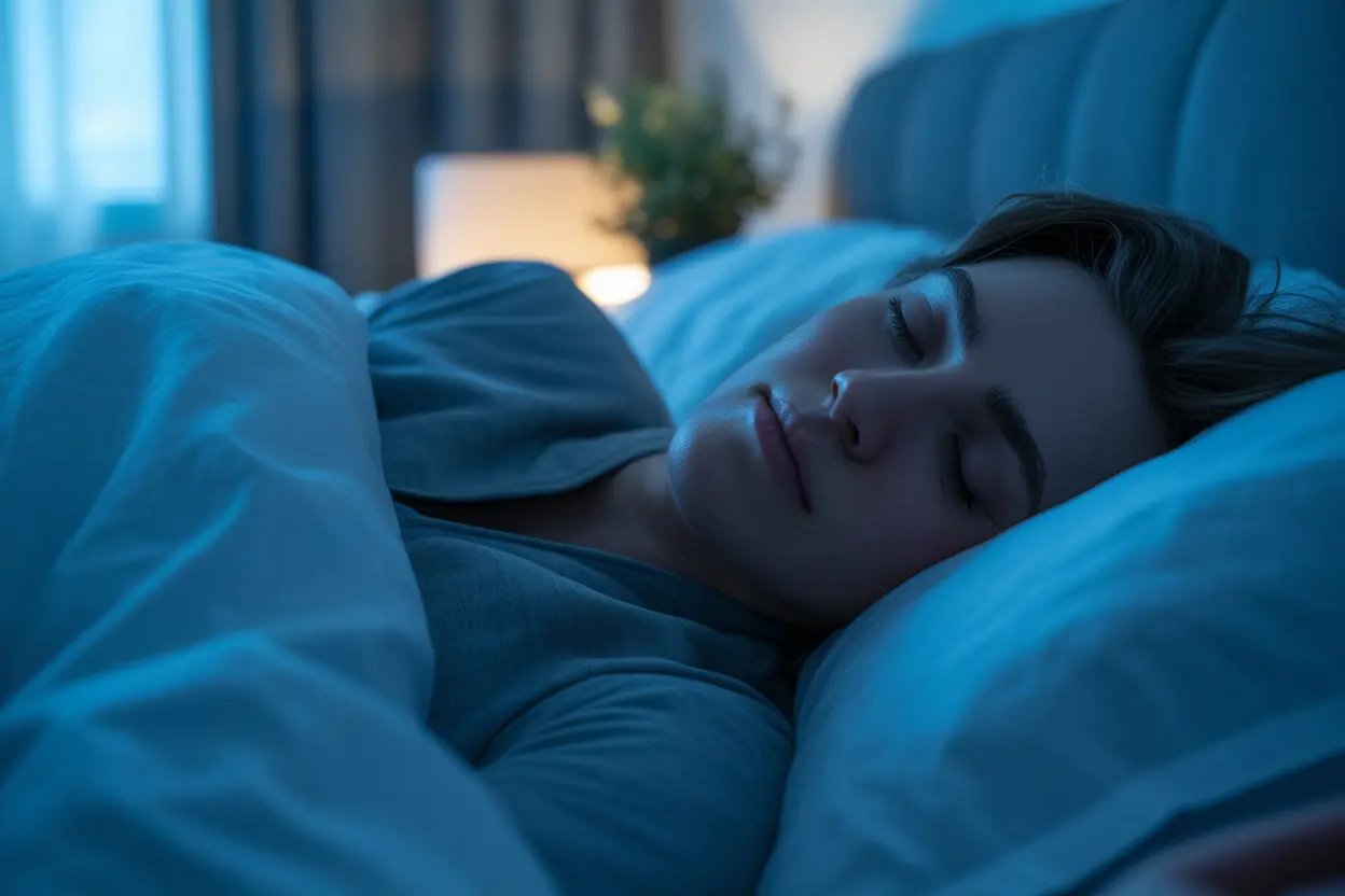 A person sleeping soundly in a comfortable, dimly lit bedroom, conveying a sense of peace and security.
