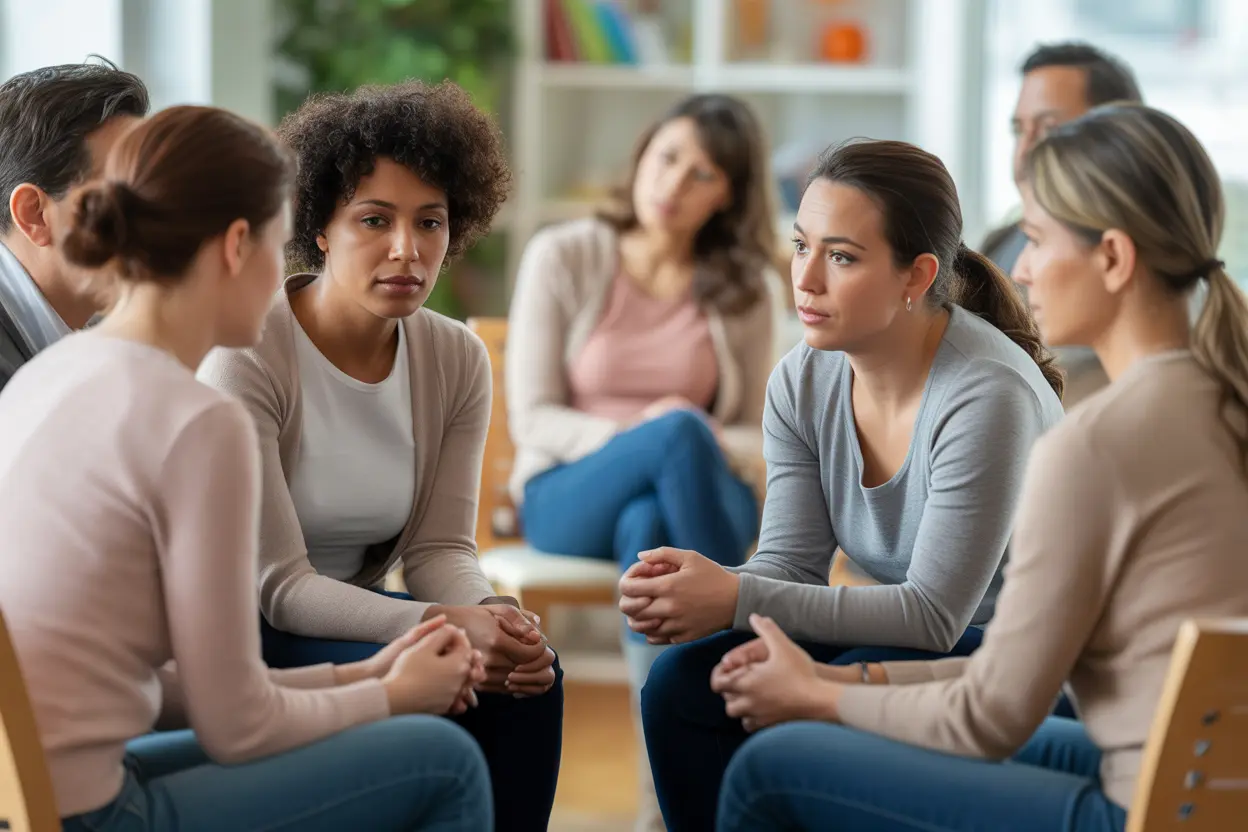 A diverse group of parents in a support group listening with empathy and understanding.