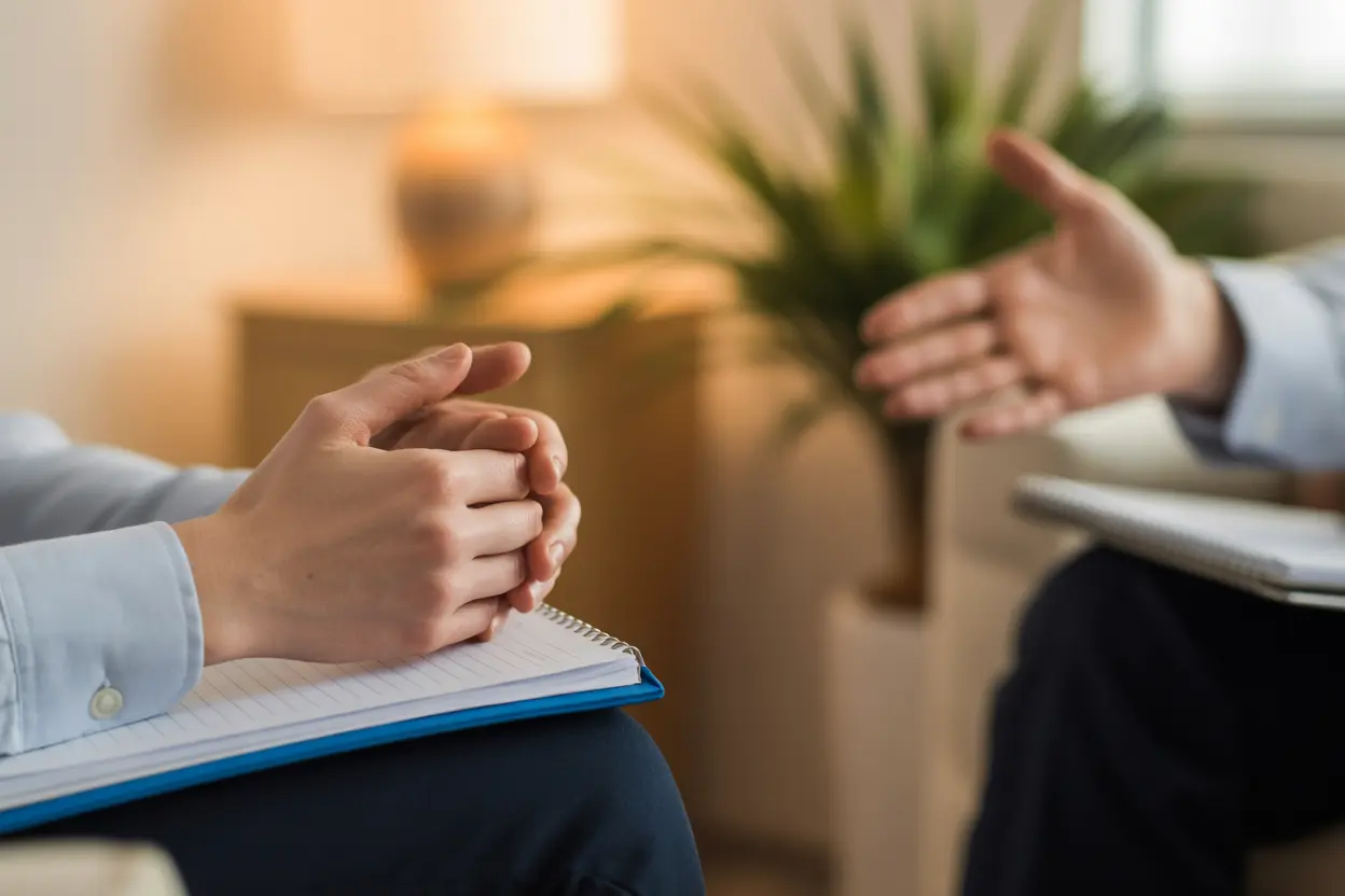 A compassionate therapist's hands gesturing thoughtfully while taking notes, symbolizing guidance and support.