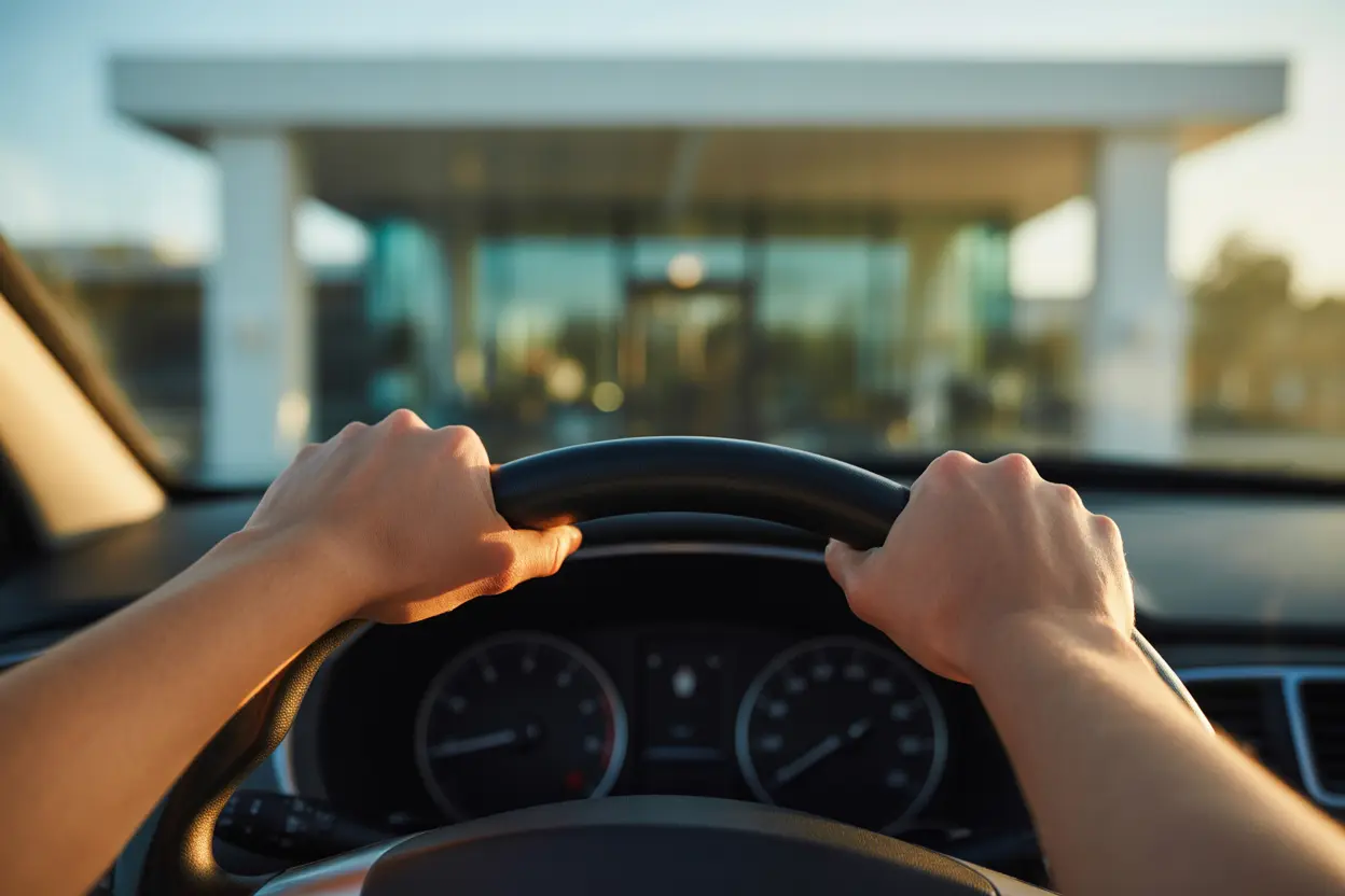 A person's hands on a steering wheel, having just arrived at a welcoming treatment center, symbolizing the decision to seek help.