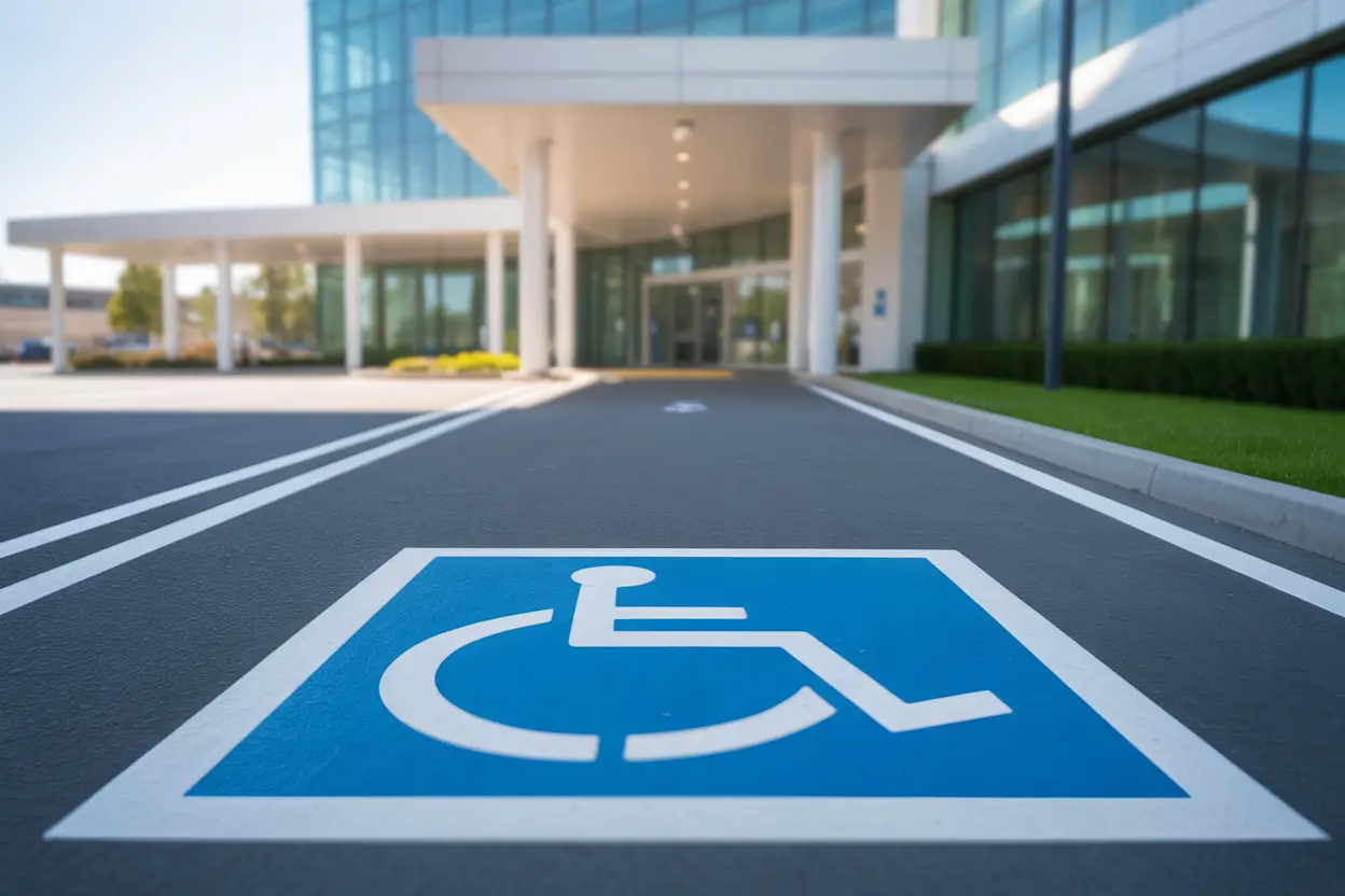 A clearly marked accessible parking space at a modern health facility, symbolizing easy access to treatment.