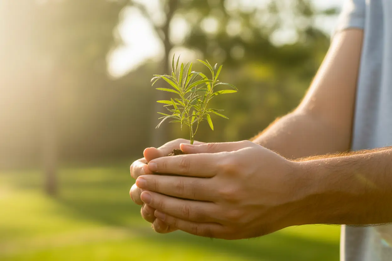 Hands holding a small green sapling, symbolizing growth and recovery in a treatment program.
