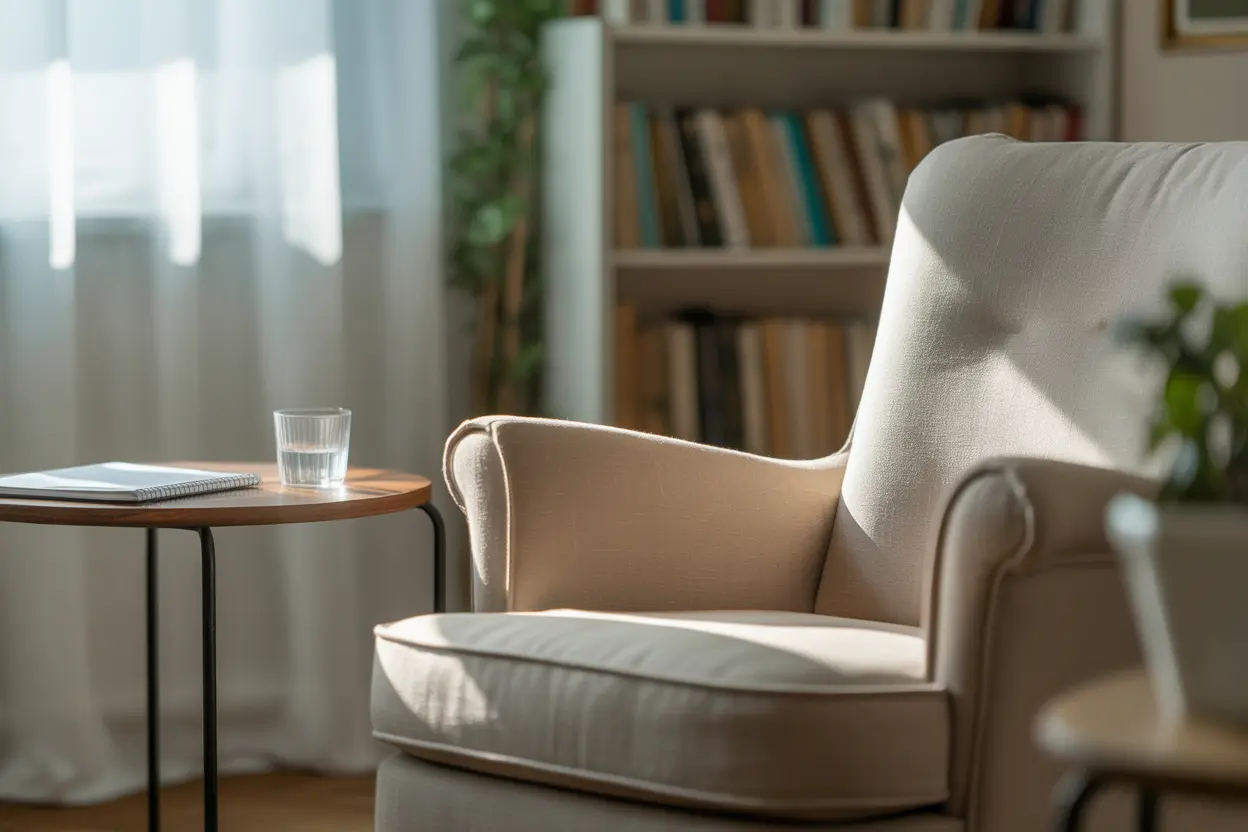 A calm and inviting therapy office with a comfortable armchair, suggesting a safe space for consultation.