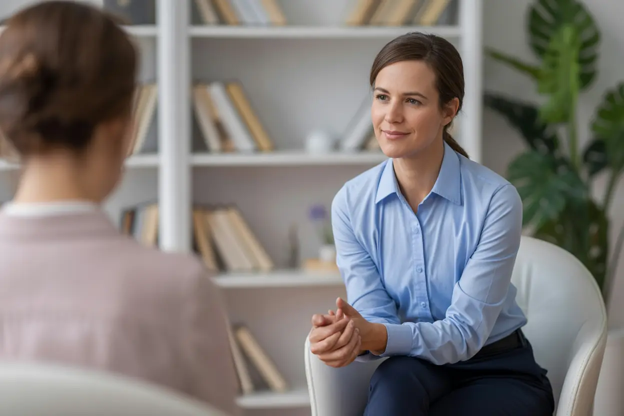 A compassionate therapist listening intently to a client in a bright, welcoming office.