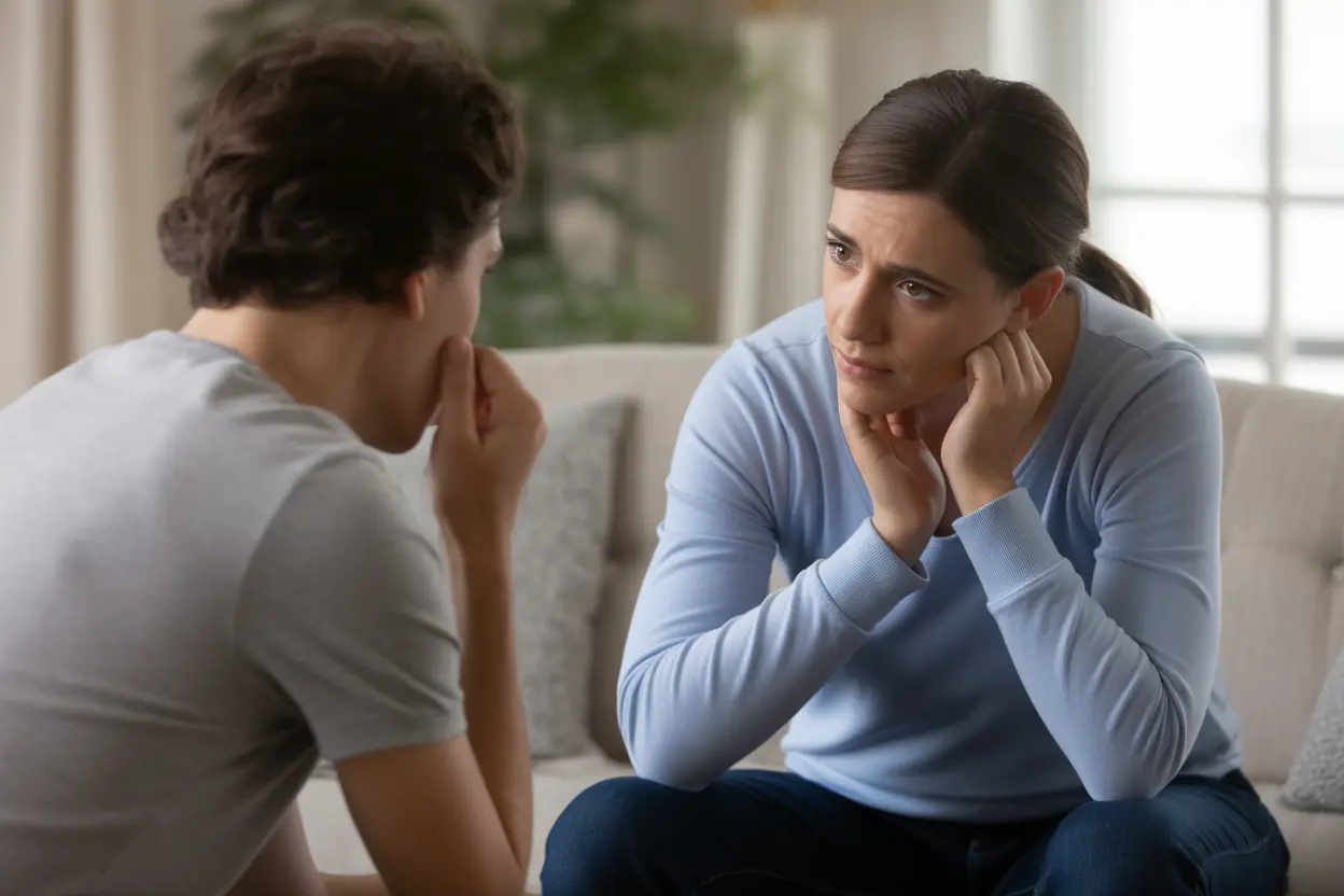 Two people having a supportive conversation in a living room, discussing the need for help.
