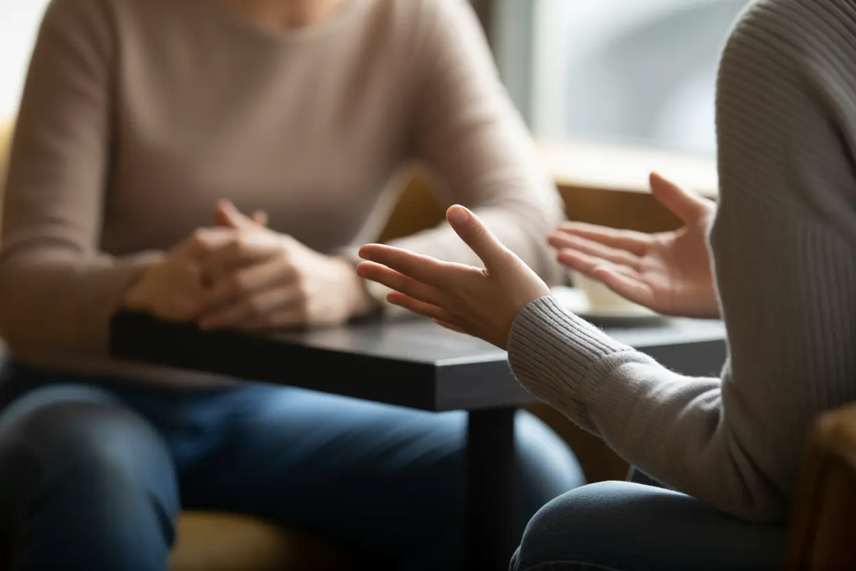 Two people having an empathetic conversation at a cafe table, representing a peer support meeting.