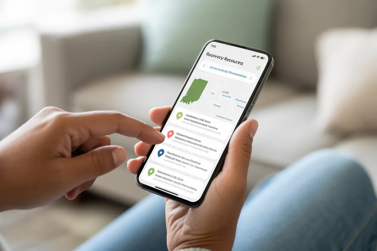 A person using a smartphone to find peer-led recovery programs on a map of Indiana.