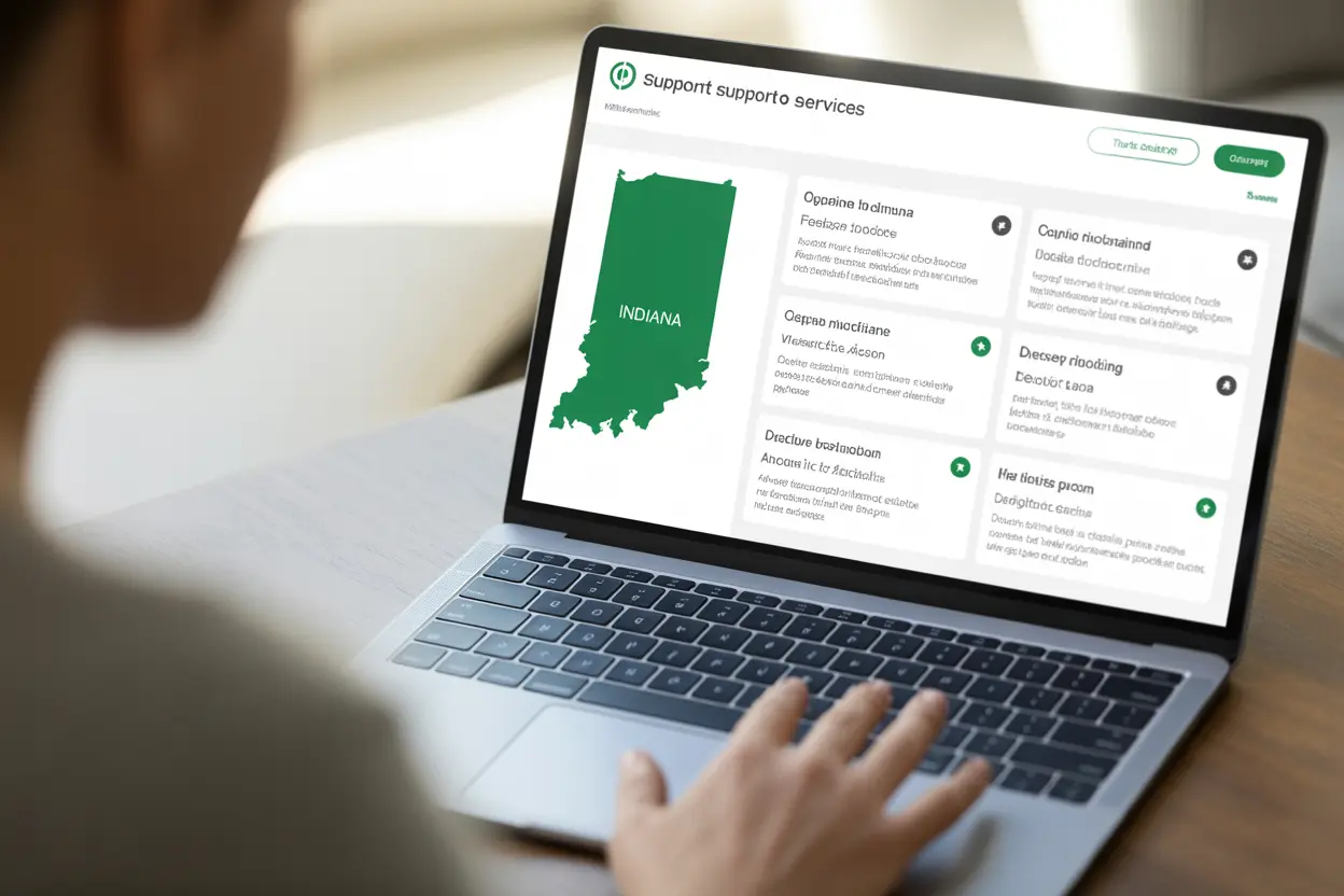 A person uses a laptop to search for peer support groups in Indiana, signifying taking an active step toward recovery.