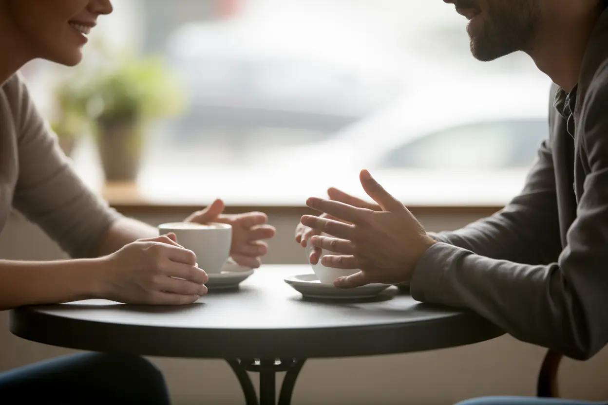 Two people having a supportive conversation over coffee, representing a peer support meeting.