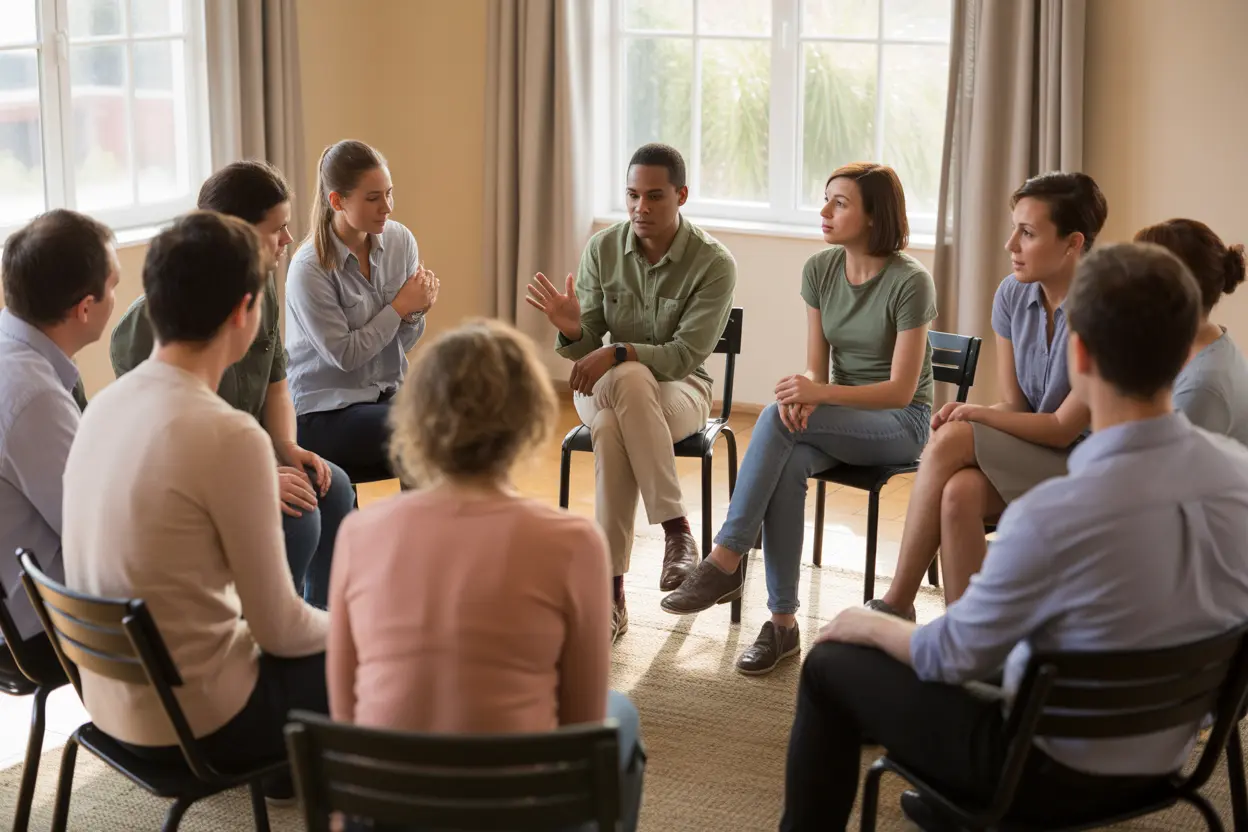 A diverse group in a sunlit room participates in a supportive group therapy session.