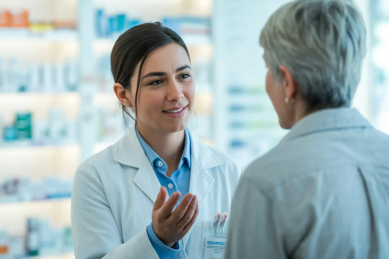 A compassionate pharmacist discussing medication with a patient in a clean, bright pharmacy.